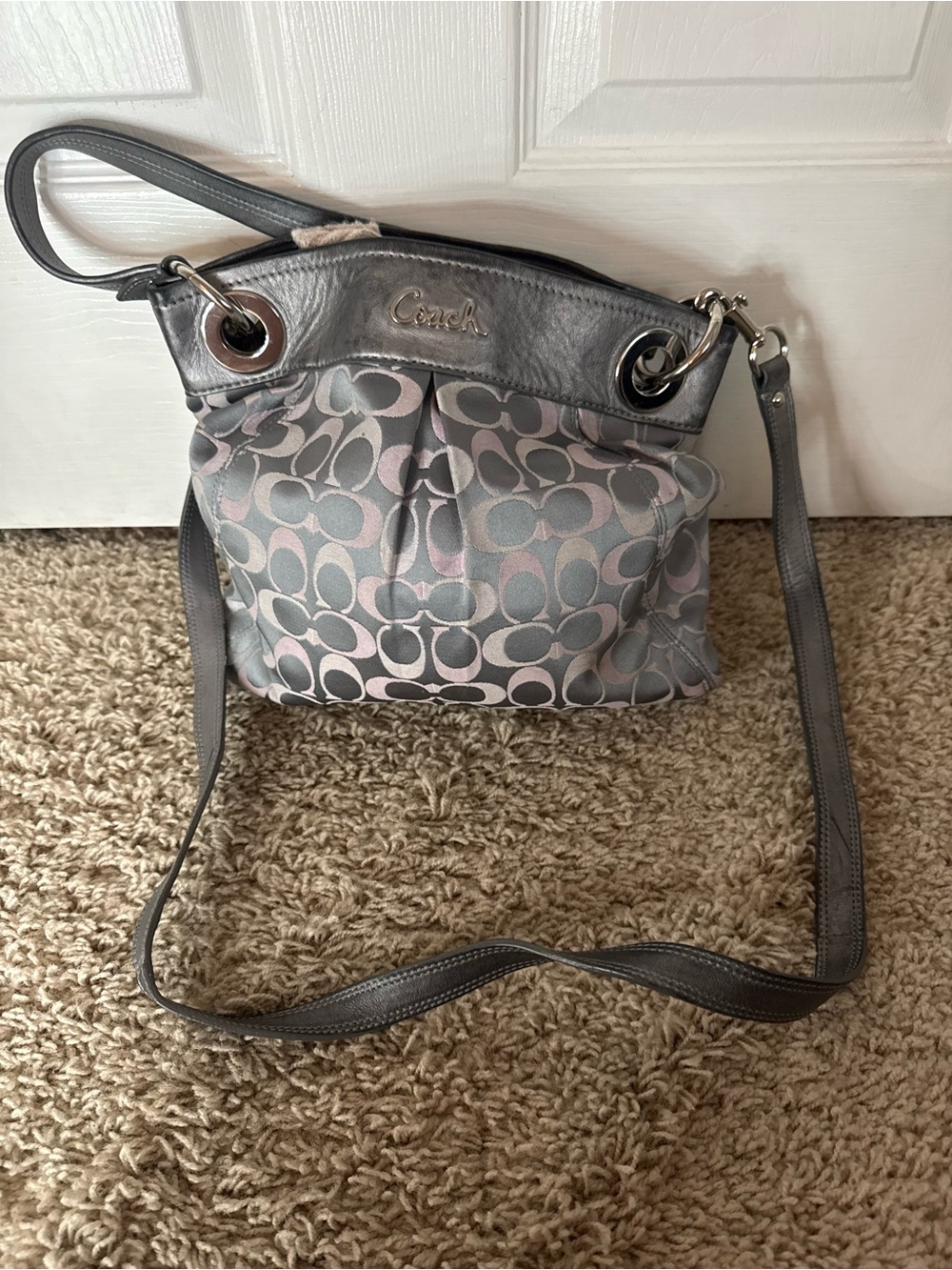 Coach Crossbody Bag in Gray and Pink Signature Jacquard